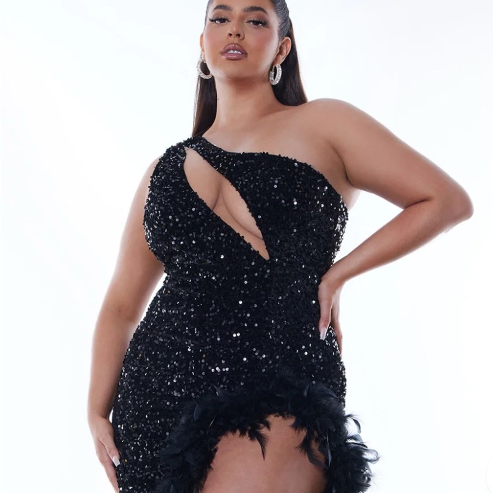 Elegant Esme Black Sequin Evening Feather One Shoulder Gown